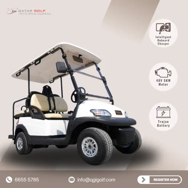 4 seater white electric golf cart, manufactured by Qatar Golf International.