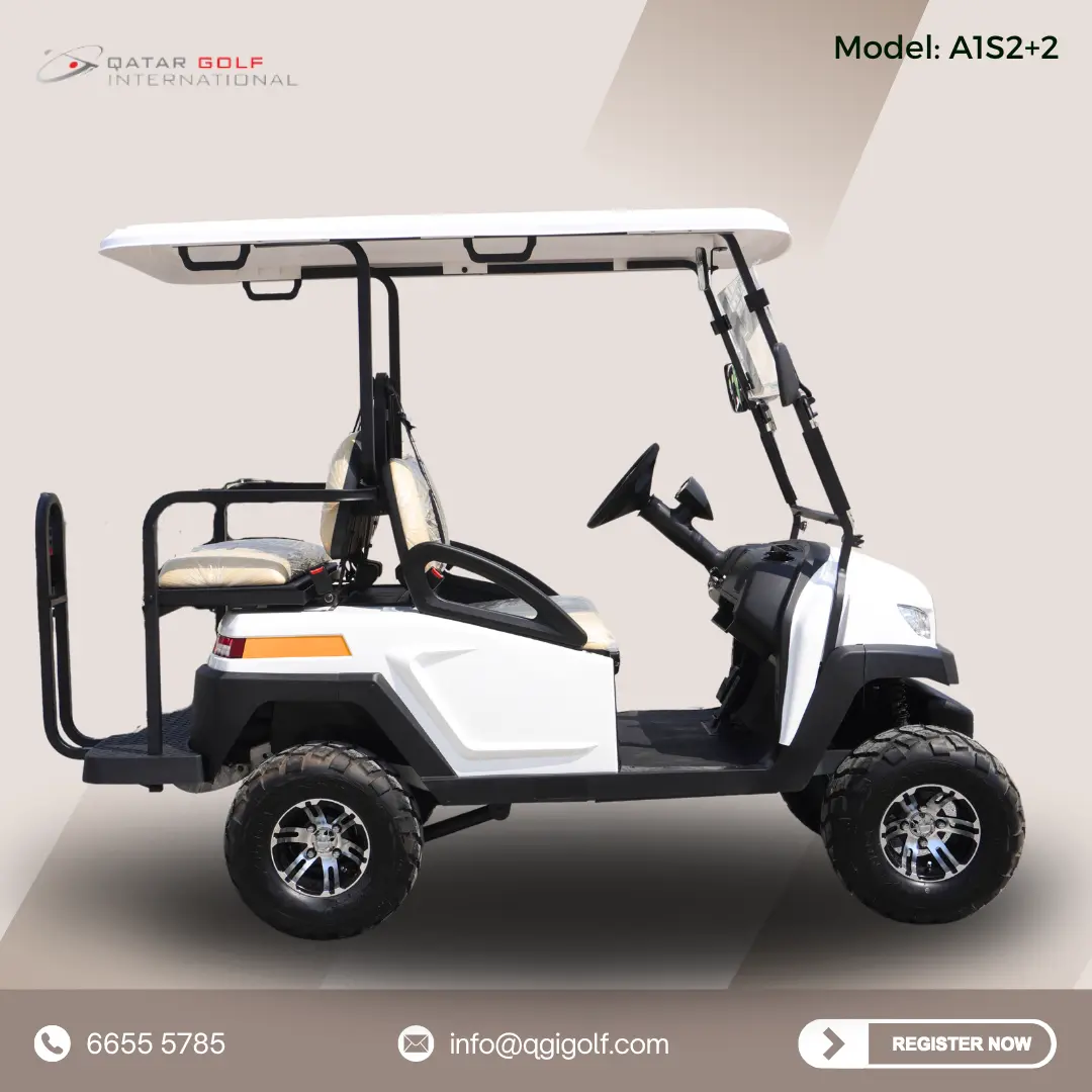 White 4-seater electric golf cart, Model A1S2+2 manufactured by Qatar Golf International.