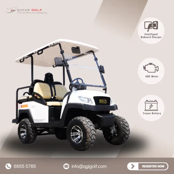 White 4-seater electric golf cart, Model A1S2+2 manufactured by Qatar Golf International.