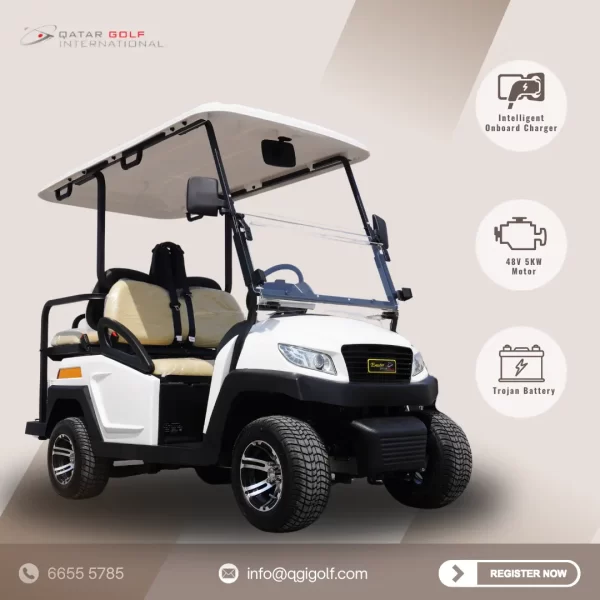 White 4-seater electric golf cart, Model M1S2+2 manufactured by Qatar Golf International.