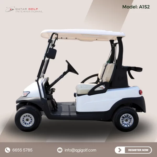 White 2-seater electric golf cart, Model A1S2 manufactured by Qatar Golf International.