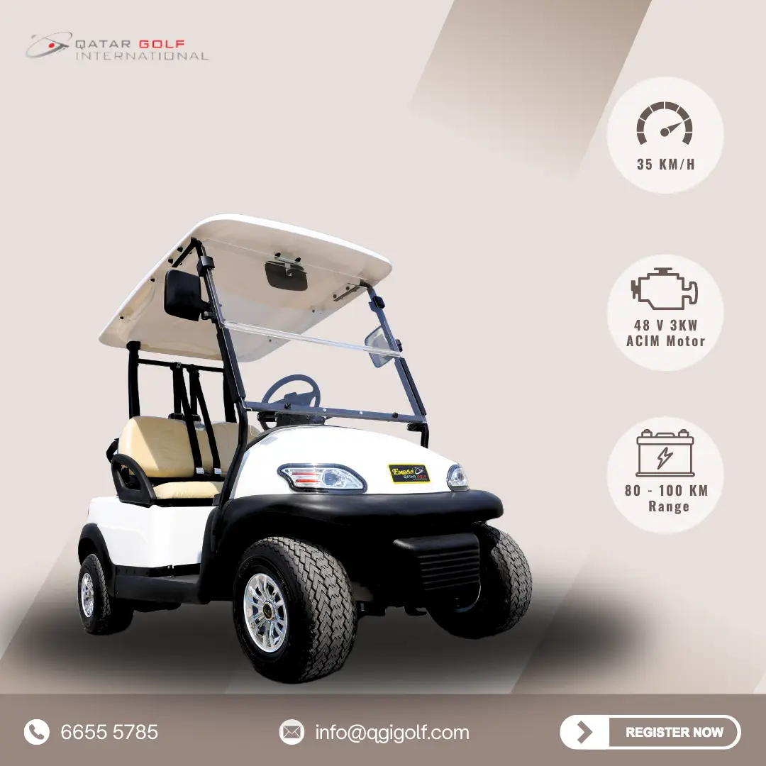 White 2-seater electric golf cart, Model A1S2 manufactured by Qatar Golf International.